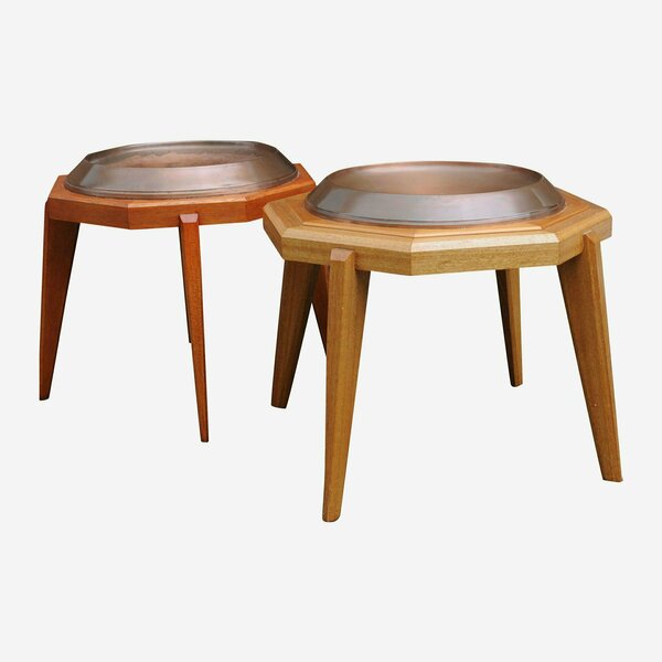 Unmatched Pair Of Octagonal Wooden Tables With Spun Copper Concave Tops, 1980s