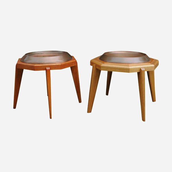 Unmatched Pair Of Octagonal Wooden Tables With Spun Copper Concave Tops, 1980s photo furniture