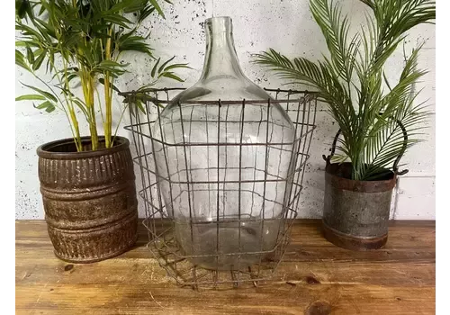 Antique Vintage Large French Hand Blown Glass Demijohn Carboy Cage Wedding Prop