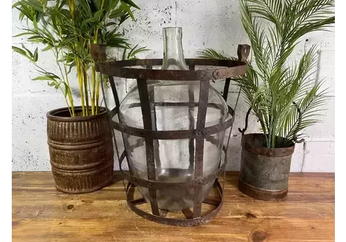 Antique Vintage Large French Hand Blown Glass Demijohn Carboy Cage Wedding Prop