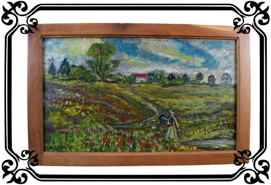 After Poppy Of Claude Monet French Antique Oil Painting On Panel Signed , Poppy Field