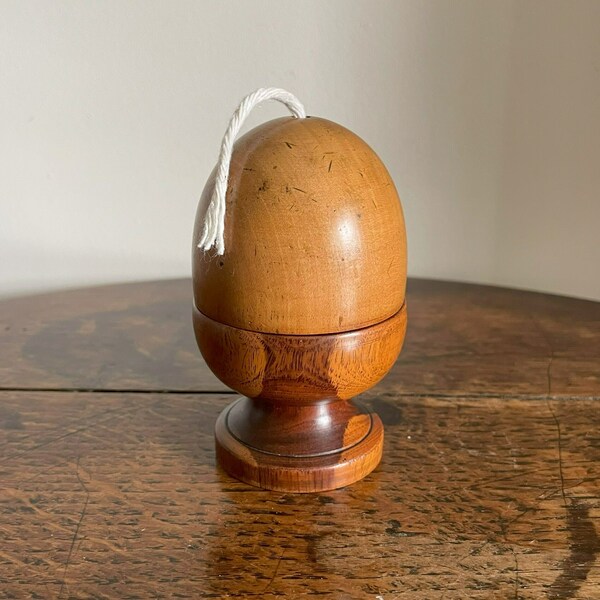 Antique Victorian Novelty Treen Sycamore And Lignum Vitae Egg Cup / Acorn String Box C. Late 19th Century