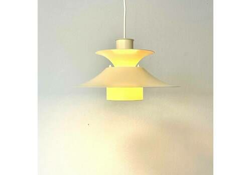 Danish Mid Century Modern Vintage Minimalist Ceiling Lamp In Off White Metal With Trumpet Shape And Multilayer Shades   Design From Lyfa