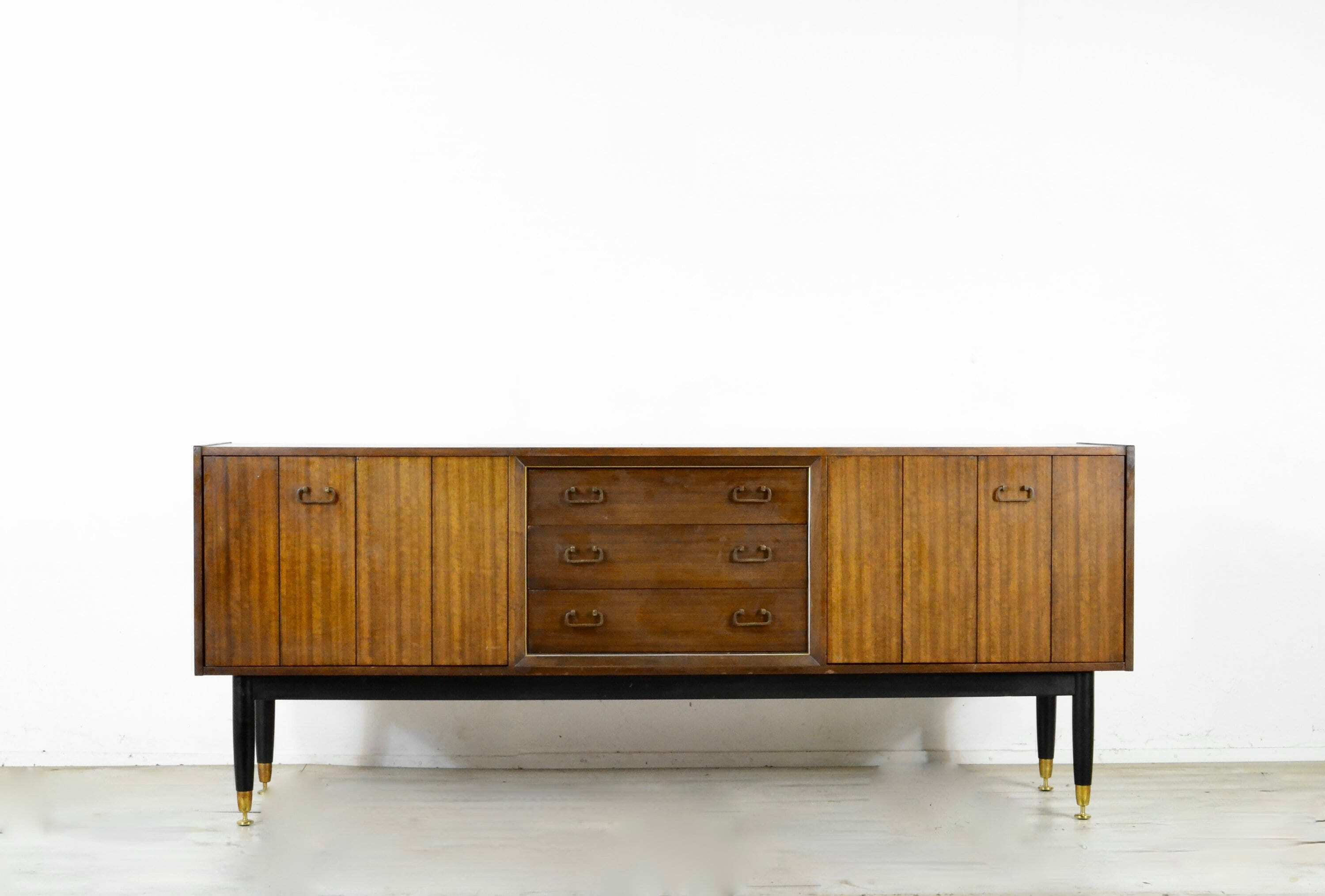 Midcentury G Plan 'E Gomme' Sideboard In Walnut And Brass. Vintage