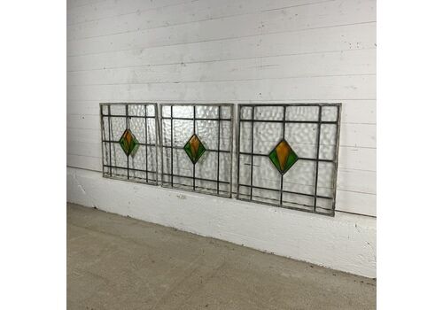 Set Of 3 Reclaimed 1930s Deco Windows Leaded Lights With Coloured Glass
