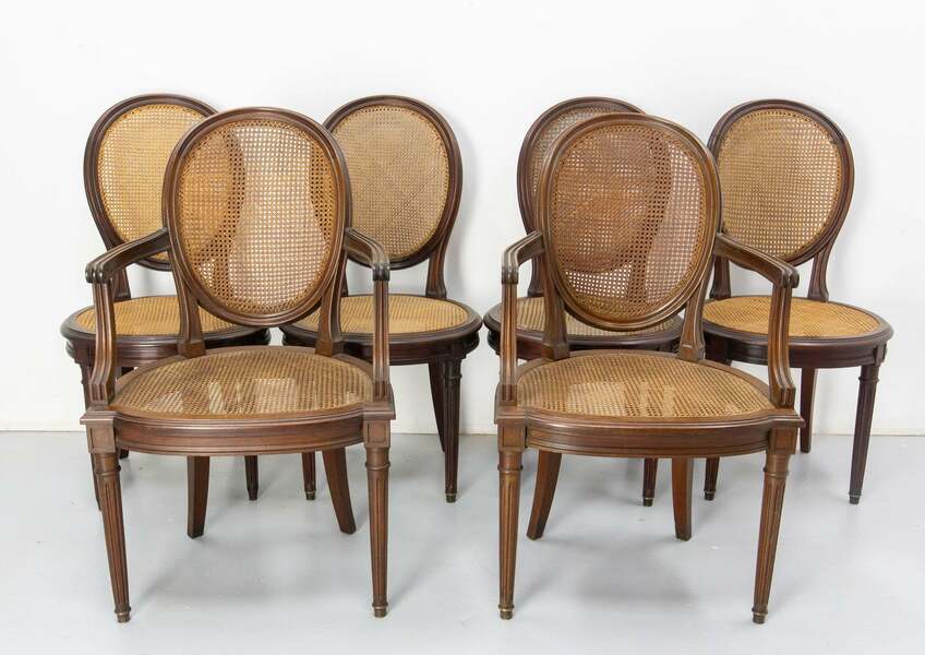 Set Of Four Chairs Two Armchairswood Cane Louis XVI St, French