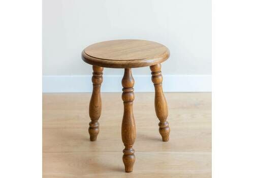 Oak Wooden Stool With Turned Legs, Antique Tripod Table, Old Farmers Stool, Rustic Plant Stand, Small Hand Carved Table, Farmhouse Decor