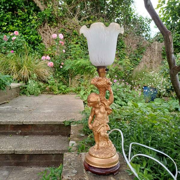Vintage Cherub Gold Table Lamp With Early 20th Century Glass Lampshade.