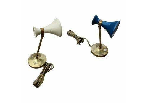 Pair Of Italian 1950 Table Lamps In Brass And Blue And Beige Enamelled Metal