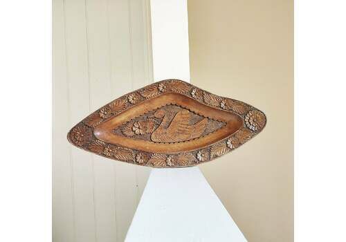 70s Vintage Extra Large Hand Carved Teak Decorative Swan & Flower Centrepiece   Wooden Swan Plaque   Mcm Bowl, Rustic Home Décor 12.5 X 28"
