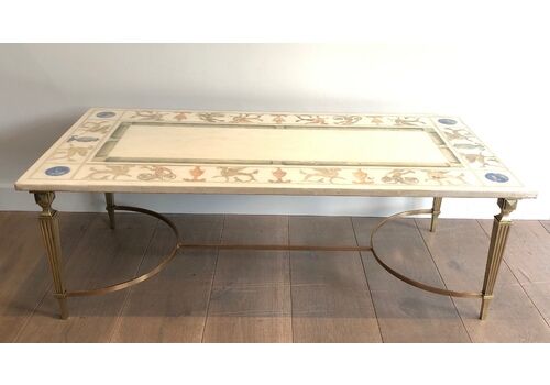 Neoclassical Style Coffee Table In Bronze And Brass With Marble Top Decorated With Greek Motifs