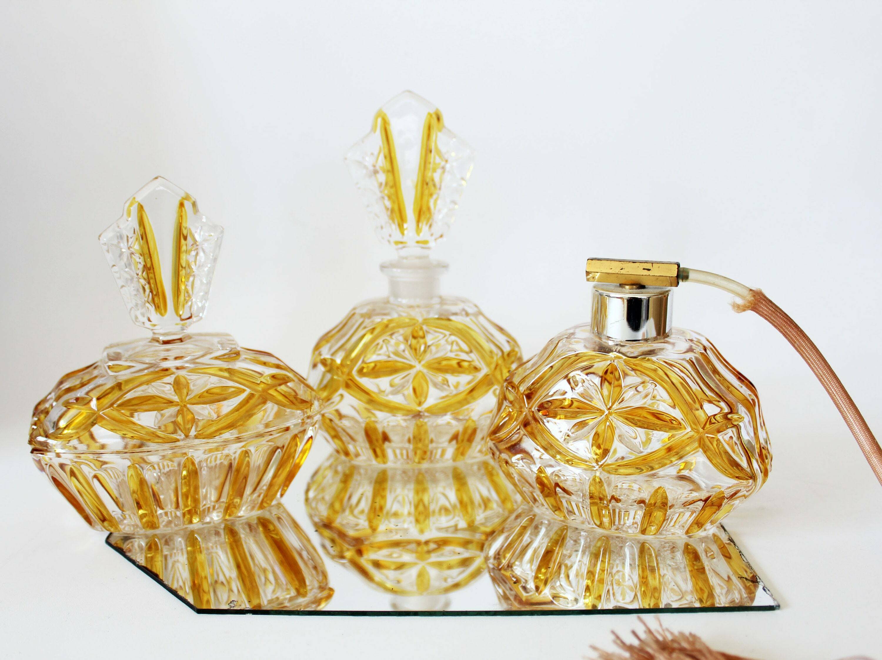 Set Of Piece Art Deco Crystal Perfume Box And Atomiser Amber