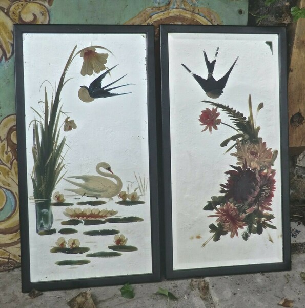 Pair Of Vintage Bevelled & Painted Pub Mirrors In Ebonised Frames