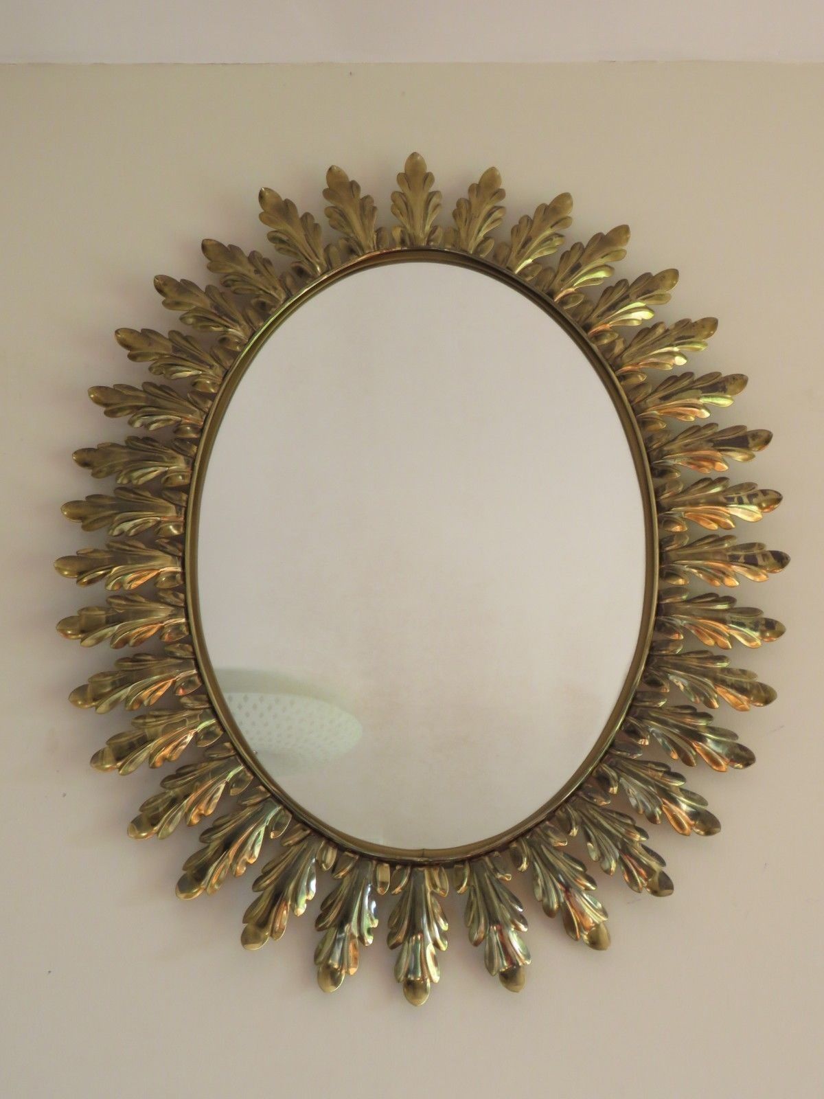Vintage Sunburst Starburst Mirror Oval Acanthus Leaf Brass
