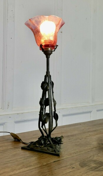 French Iron And Toleware Lamp With Ruby And Gold Leaf Glass Shade photo furniture