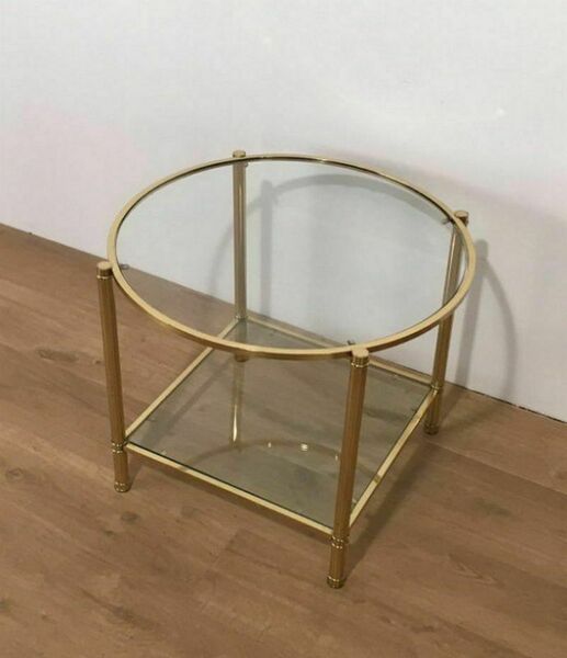 Pair Of Round Brass Sofa End Tables photo for sale