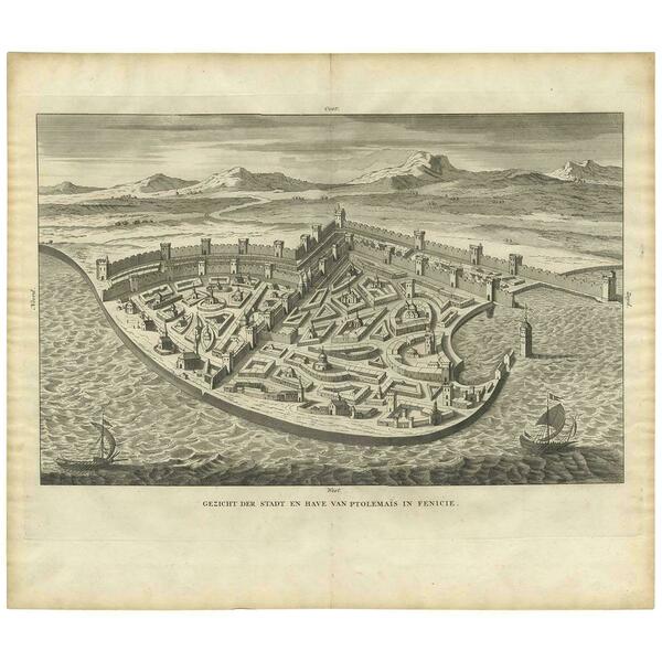 Antique Print Of The City And Port Of Ptolemais In Phoenicia By A. Calmet, 1725