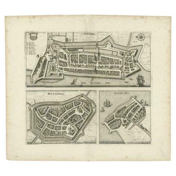 Antique Map Of Stavoren, Bolsward And Hindeloopen By Merian, C.1650