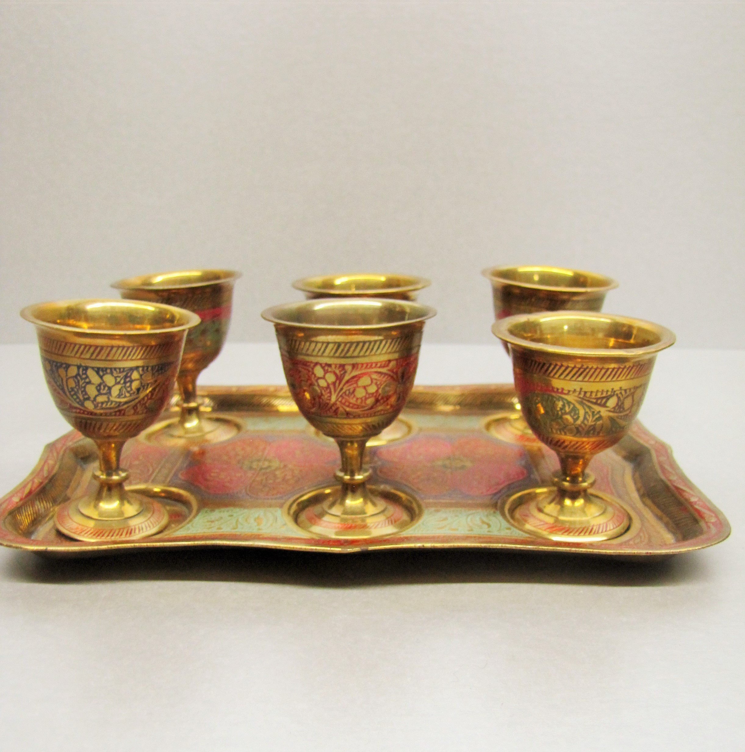Vintage Indian Brass Goblets Egg Cups And Tray 6 Brass Liqueur Shot