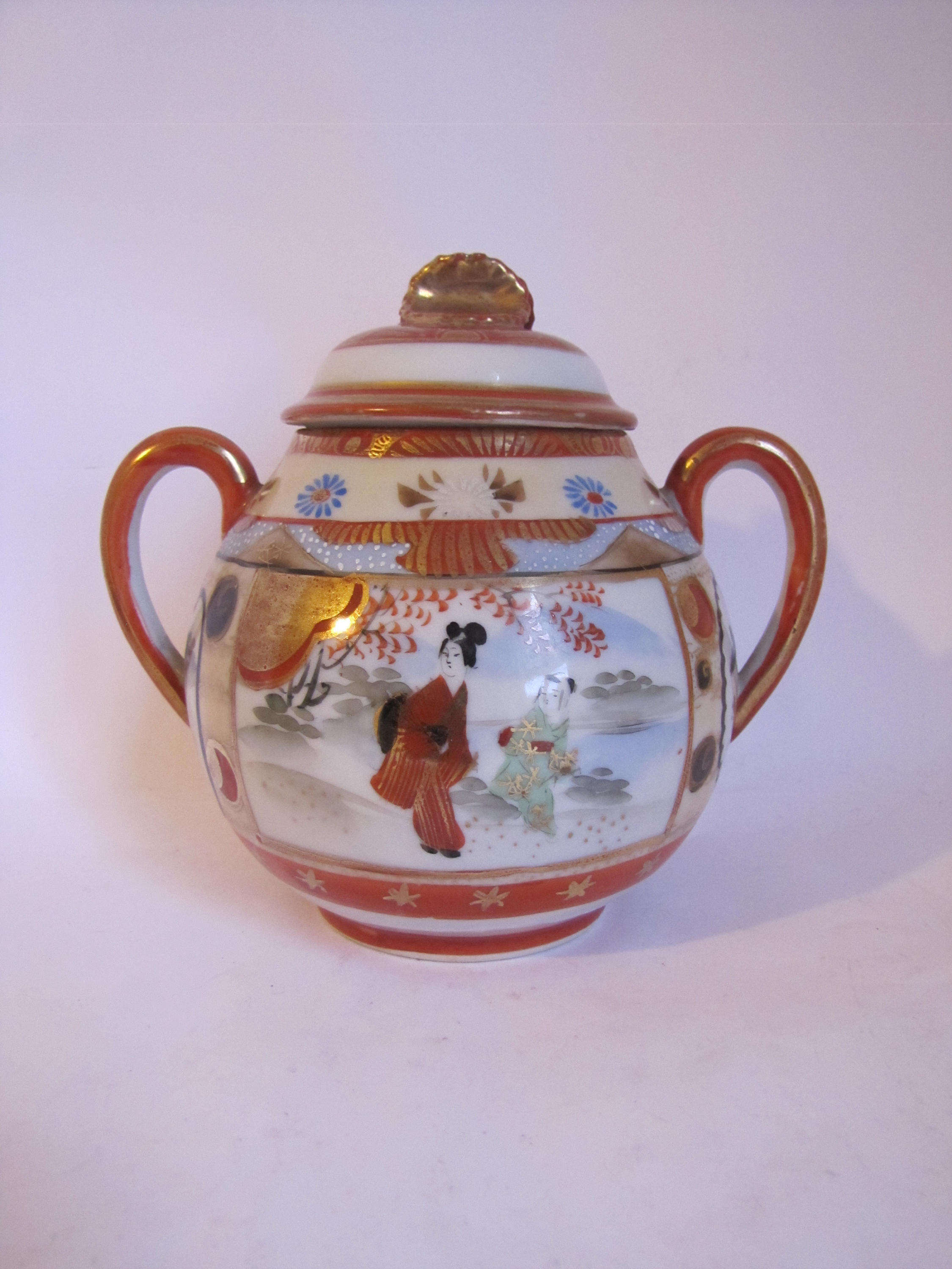 Japanese Satsuma Jar With Handles, Satsuma Lidded Sugar Bowl, Hand