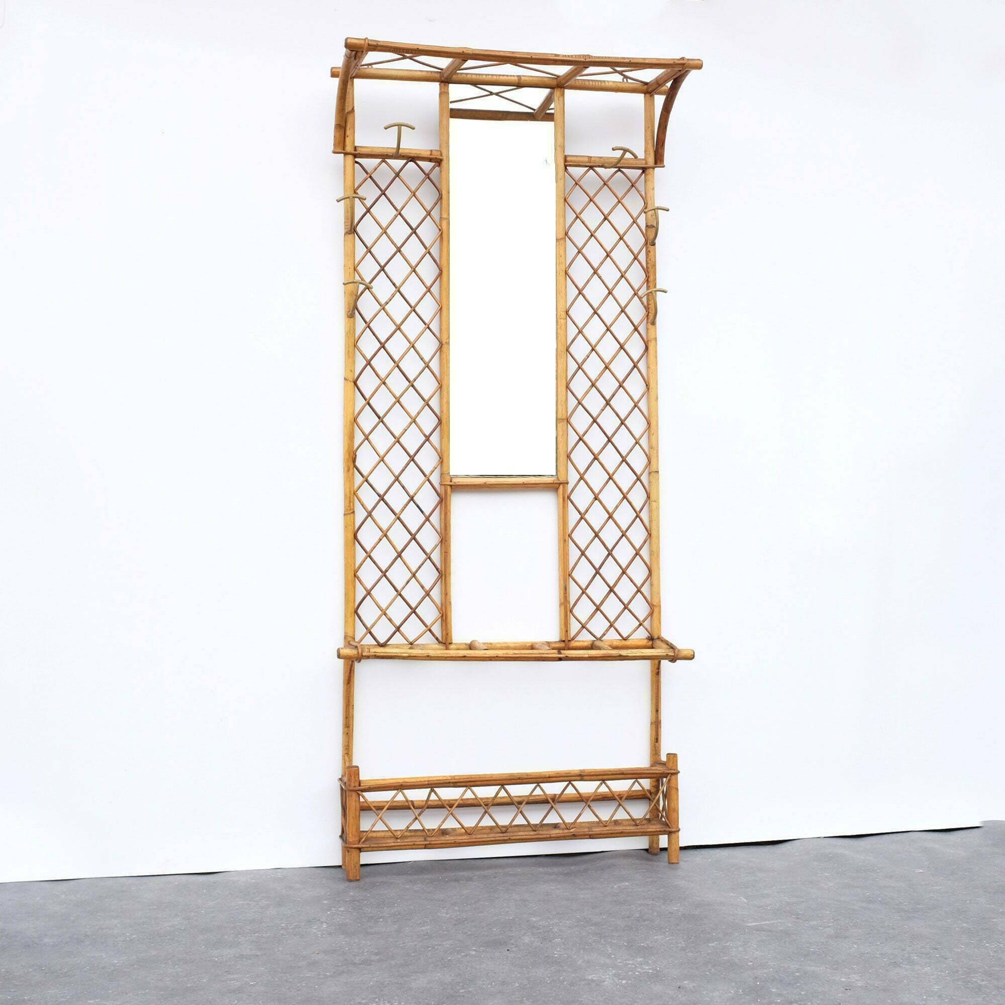 1950s French Riviera Rattan Coat Hooks, Vintage Rattan Hallway