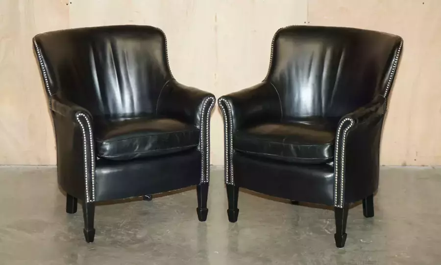 Pair Of Vintage Black Leather Tub Club Armchairs With Hand Studded Upholstery