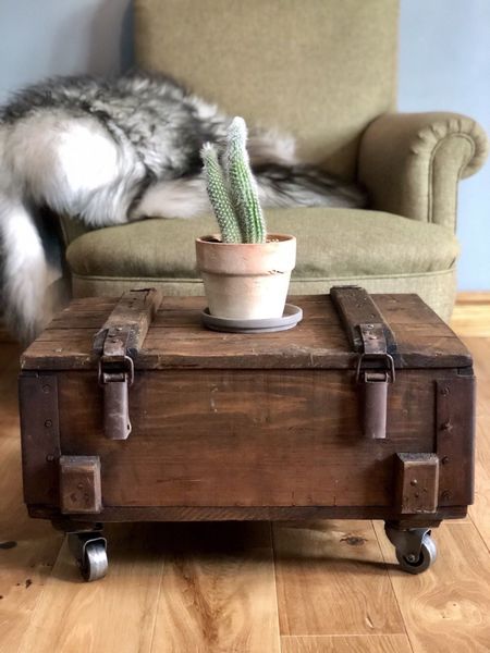 Rustic Coffee Table Storage Side Vintage Army Trunk On Wheels
