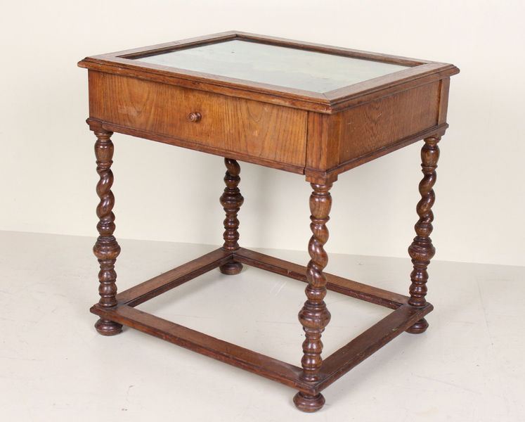 Antique Vintage Oak Side Table Rare Glass Top Console Table Fitted