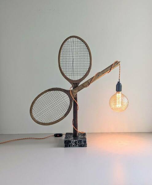Vintage Upcycled Tennis Racket Table Accent Lamp   Handmade Statement Light