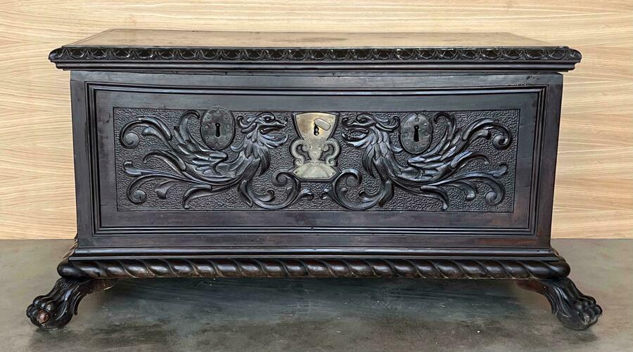 19th Century Spanish Carved Cassone Trunk With Original Hardware And Three Locks photo furniture