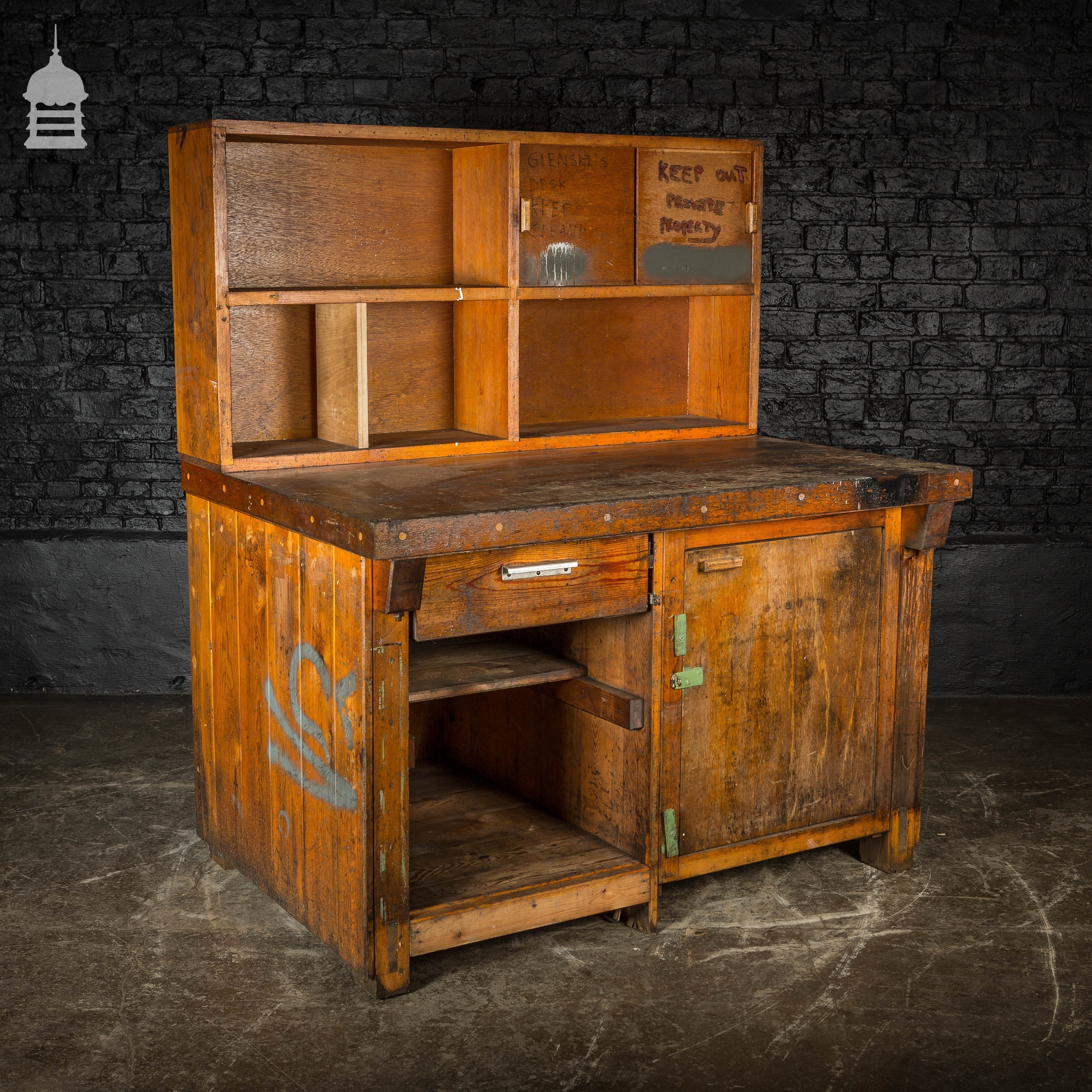 Mid Century Industrial Wooden Workbench With Drawer And Cupboards