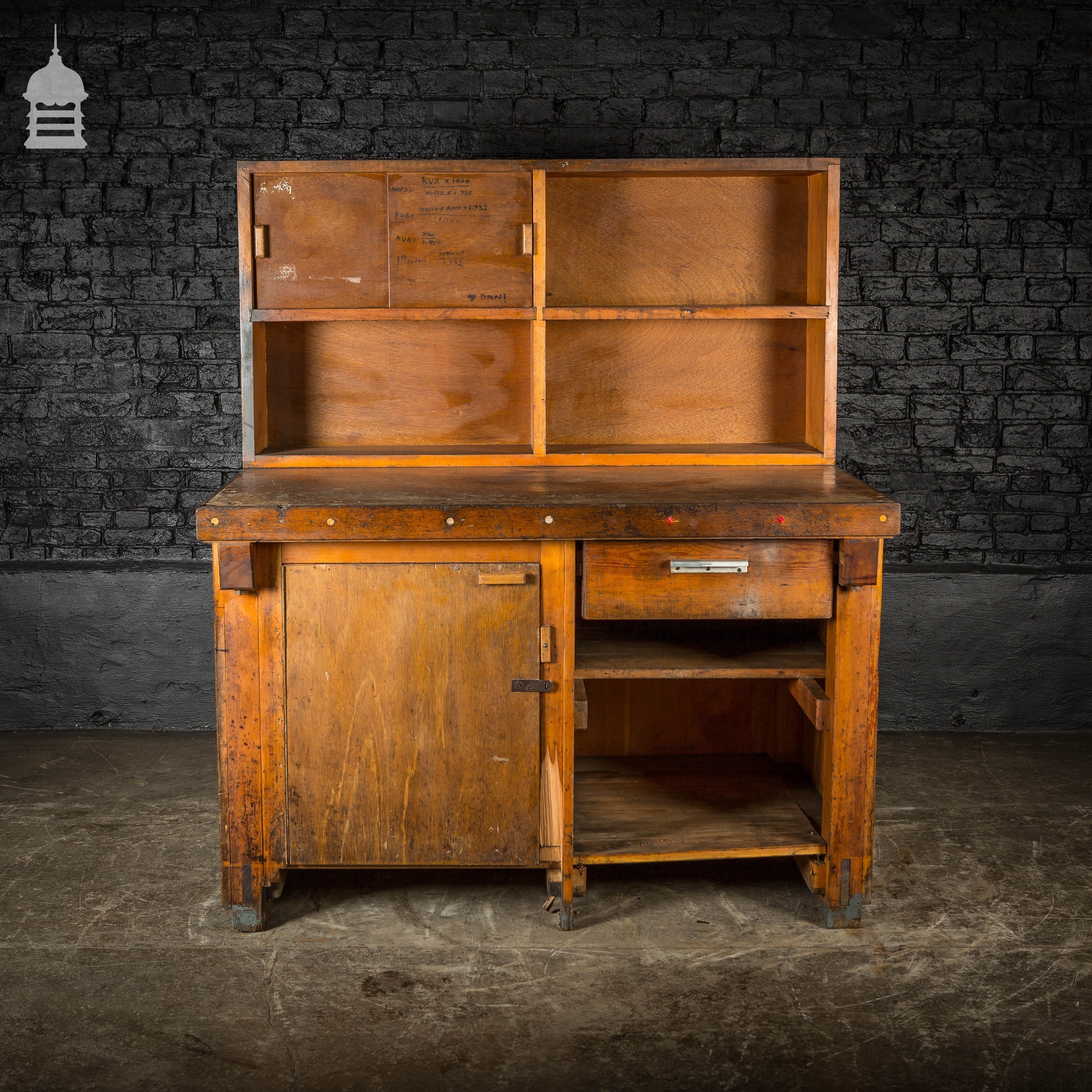 Mid Century Wooden Factory Workbench With Drawer And Cupboards
