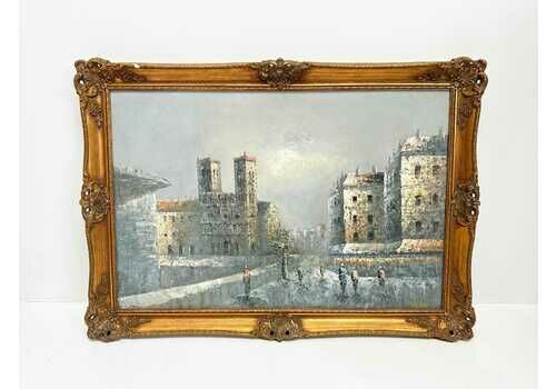 Vintage Paris Cityscape Oil Painting Signed Impressionist Artwork In Grey Tones