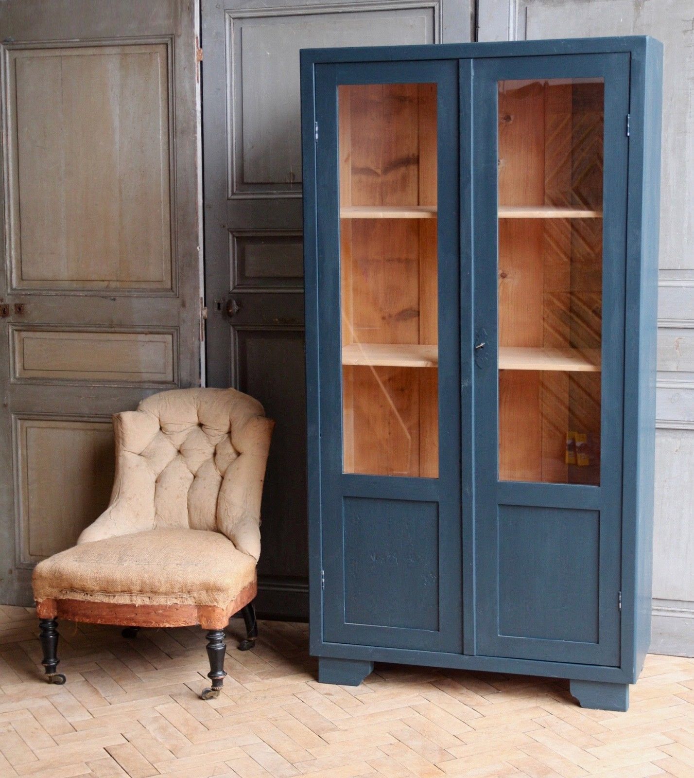 Vintage Antique Blue Painted Deco Glass Display Cabinet Larder