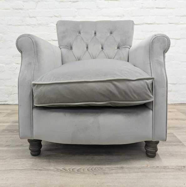 Ex Display Button Back Armchair In Grey Plush Upholstery