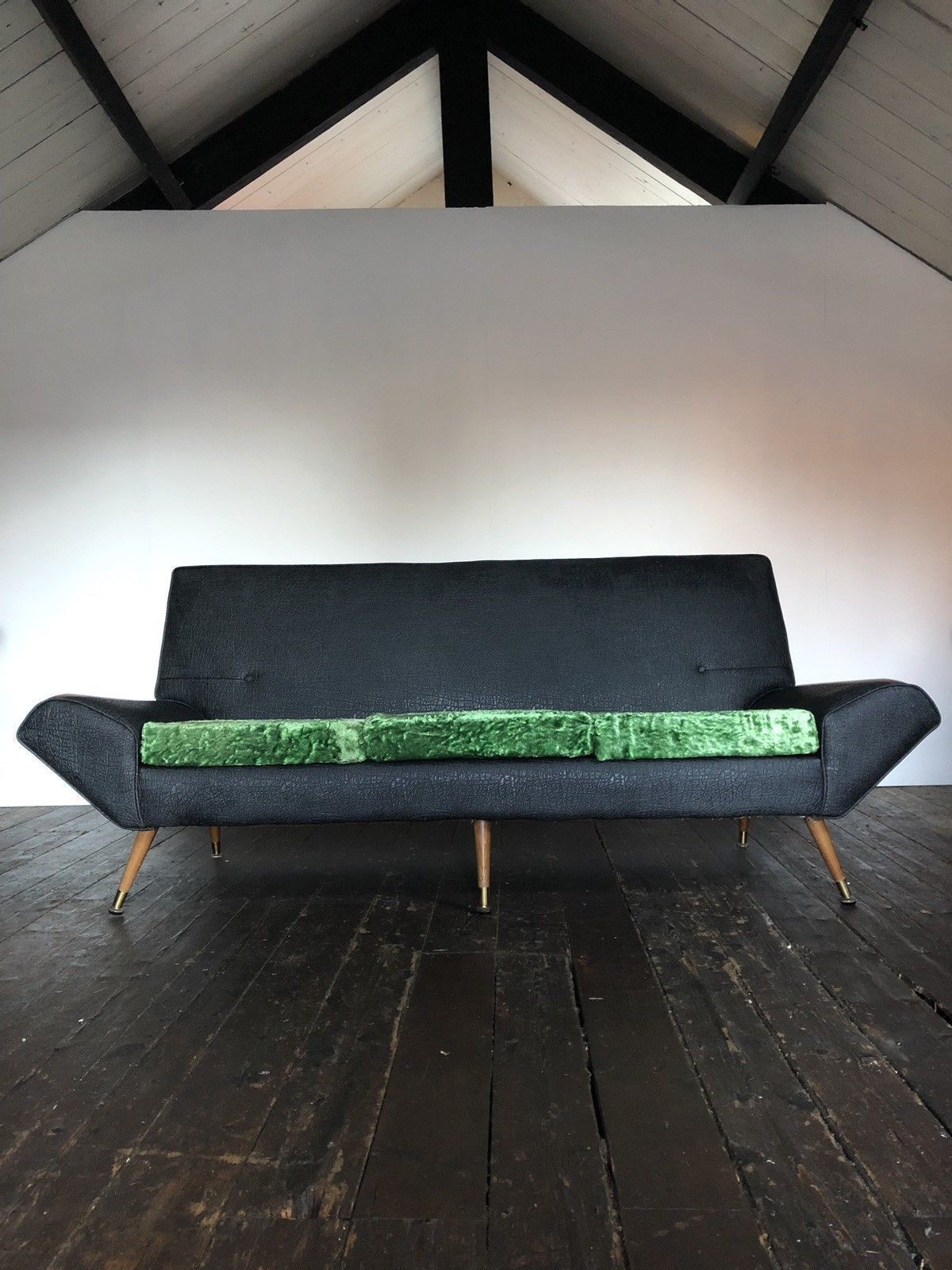 Vtg Mid Century Vinyl Sofa Reupholstered Original Crushed Velvet