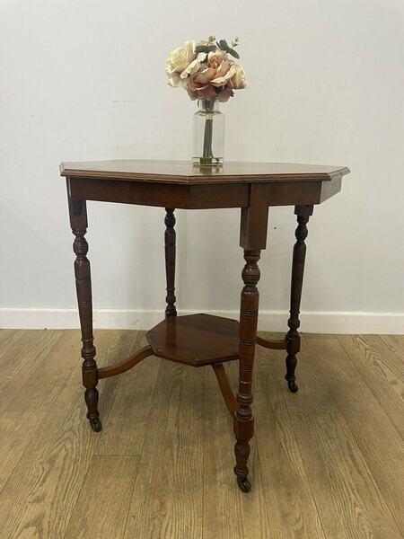 Vintage Octagonal Wooden Side Table With Turned Legs And Shelf