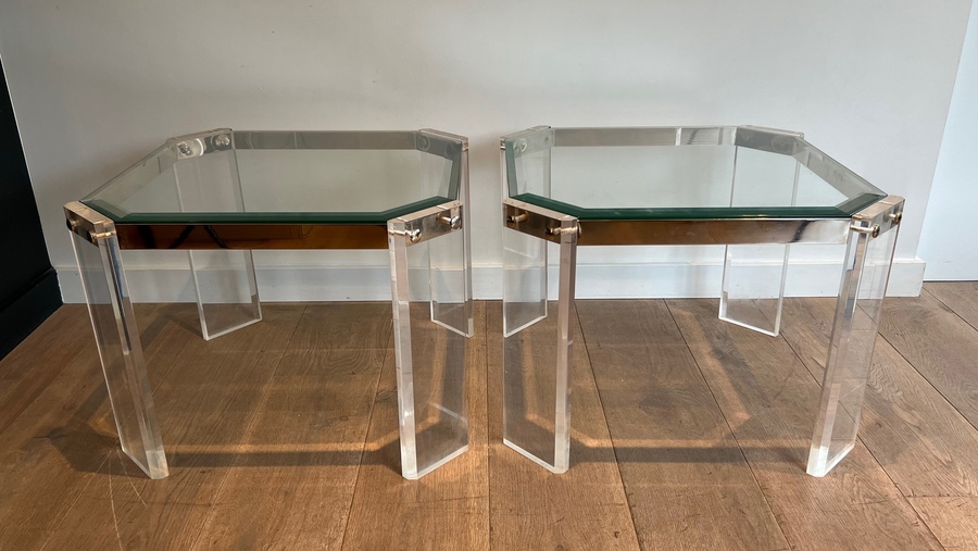 Pair Of Octagonal Plexiglass And Chrome Sofa End Tables From Maison Jansen