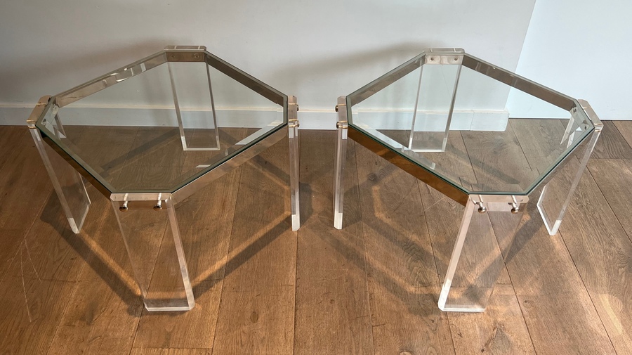 Pair Of Octagonal Plexiglass And Chrome Sofa End Tables From Maison Jansen photo furniture
