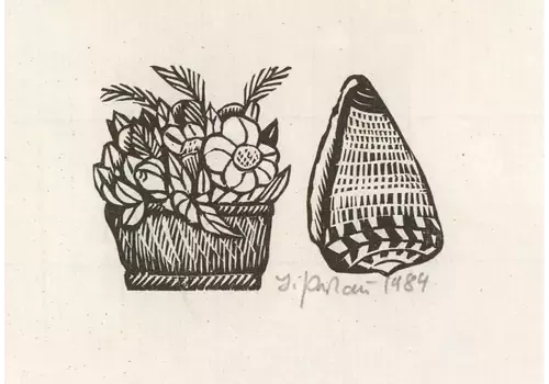 1984 Woodcut   Flowers And A Sea Shell