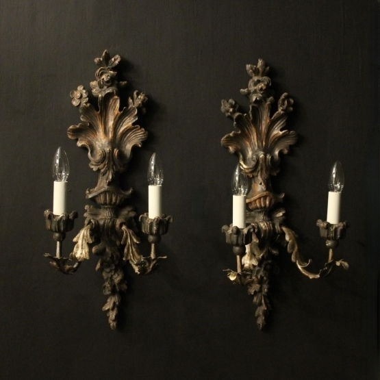 Italian Pair Of Silver Giltwood Antique Wall Lights