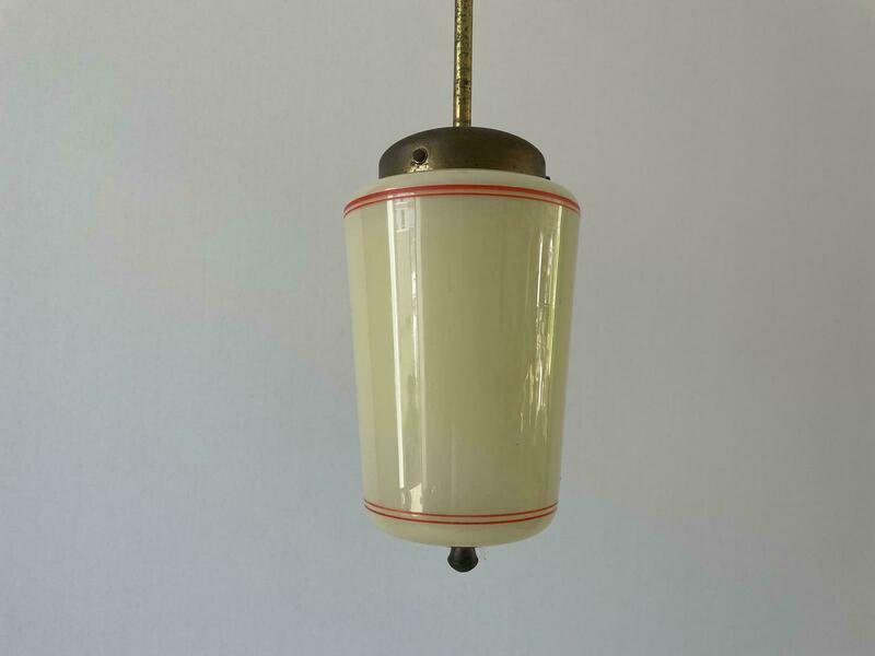 Art Deco Glass Small Ceiling Lamp With Red Lines, 1940s, Germany