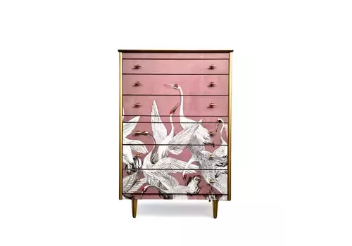 Luxury Mid Century Chest Of Drawers Chinoiserie Soaring Pink Cranes Decoupage