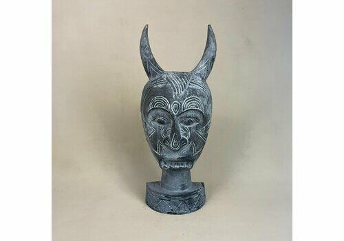 Antique Wooden Handmade Traditional African Face Mask Horns Figure Art Wood Vintage Unusual Ornament Hand Carved Decorative Free Standing
