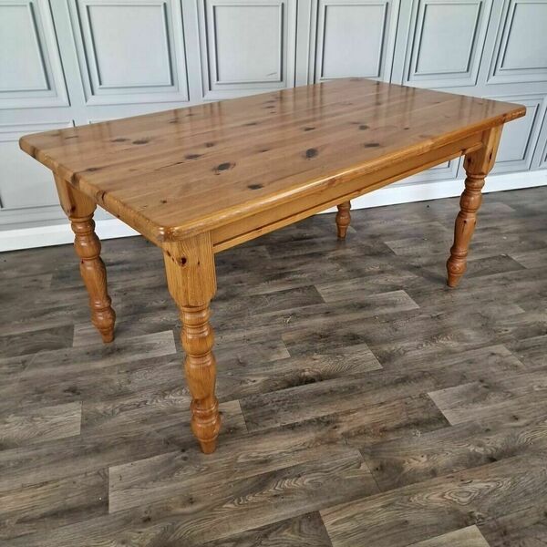 Retro Vintage Solid Wooden Pine Turned Dining Table Country Farmhouse Antique | Vinterior