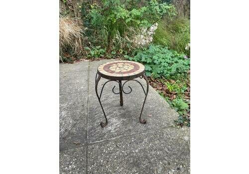 Vintage Small To Medium Sized Wrought Iron Metal Table With Tiled Mosaic Top Indoor Or Outdoor Plant Stand