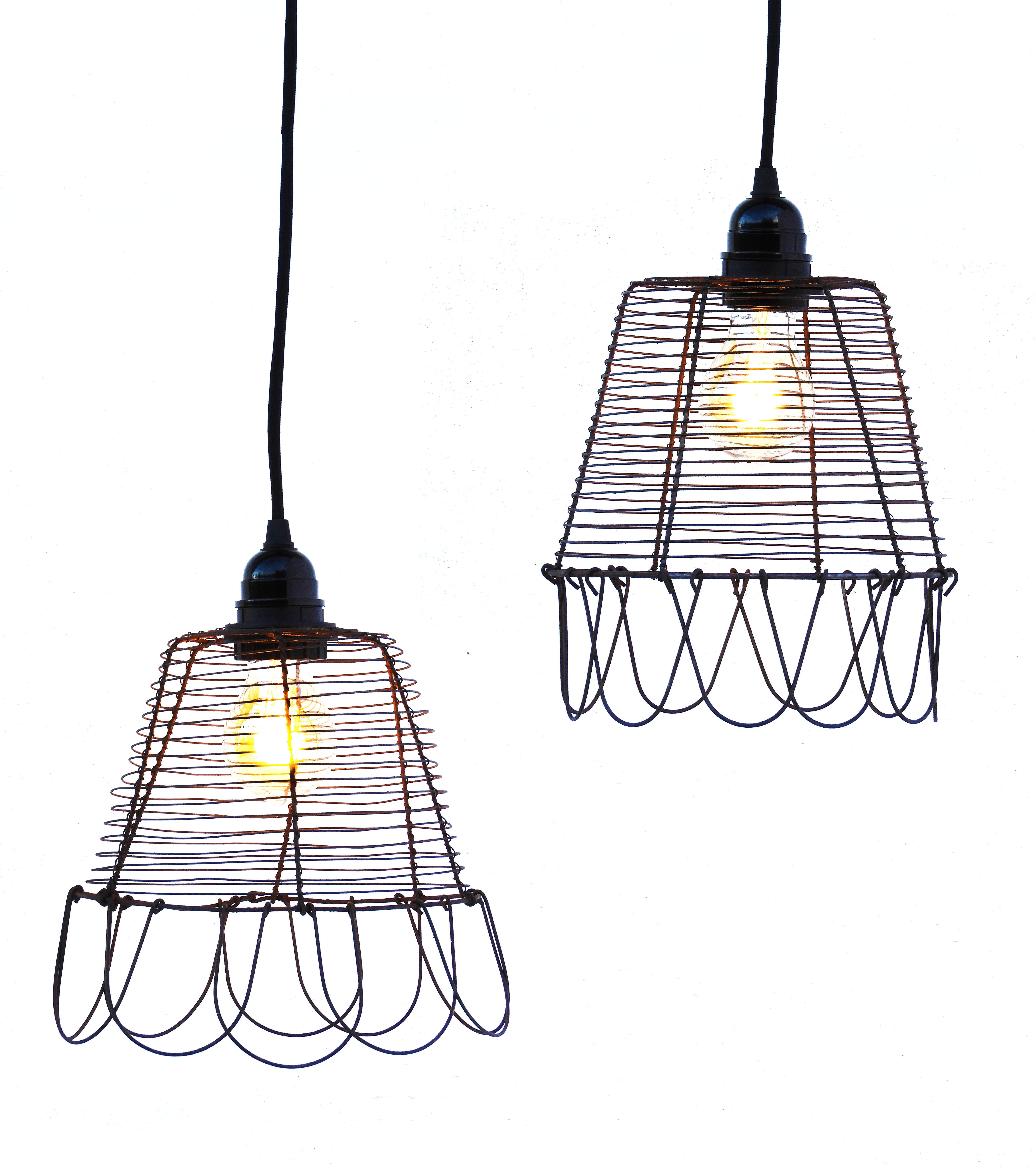 Pair Vintage French Pendant Lights Folk Art Wirework Pair Vintage French Pendant Lights Folk Art Wirework