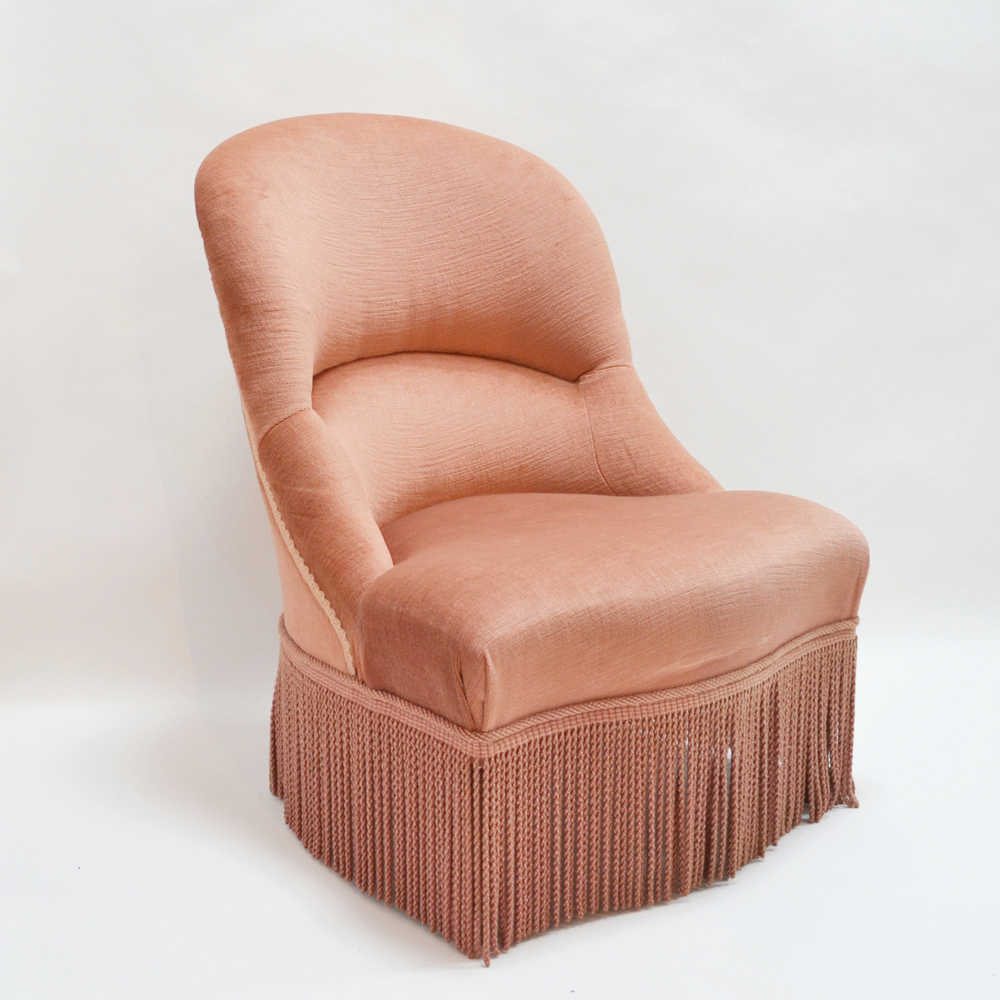 French Vintage Pink Velvet Reading Armchair With Fringe Vinterior