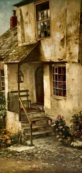 Cottage, Slate Roof With Steps Leading The Entrance Door. Players Mixed Medium, Original Artwork Created By Artists Who Worked For Mardon Son & Hall L