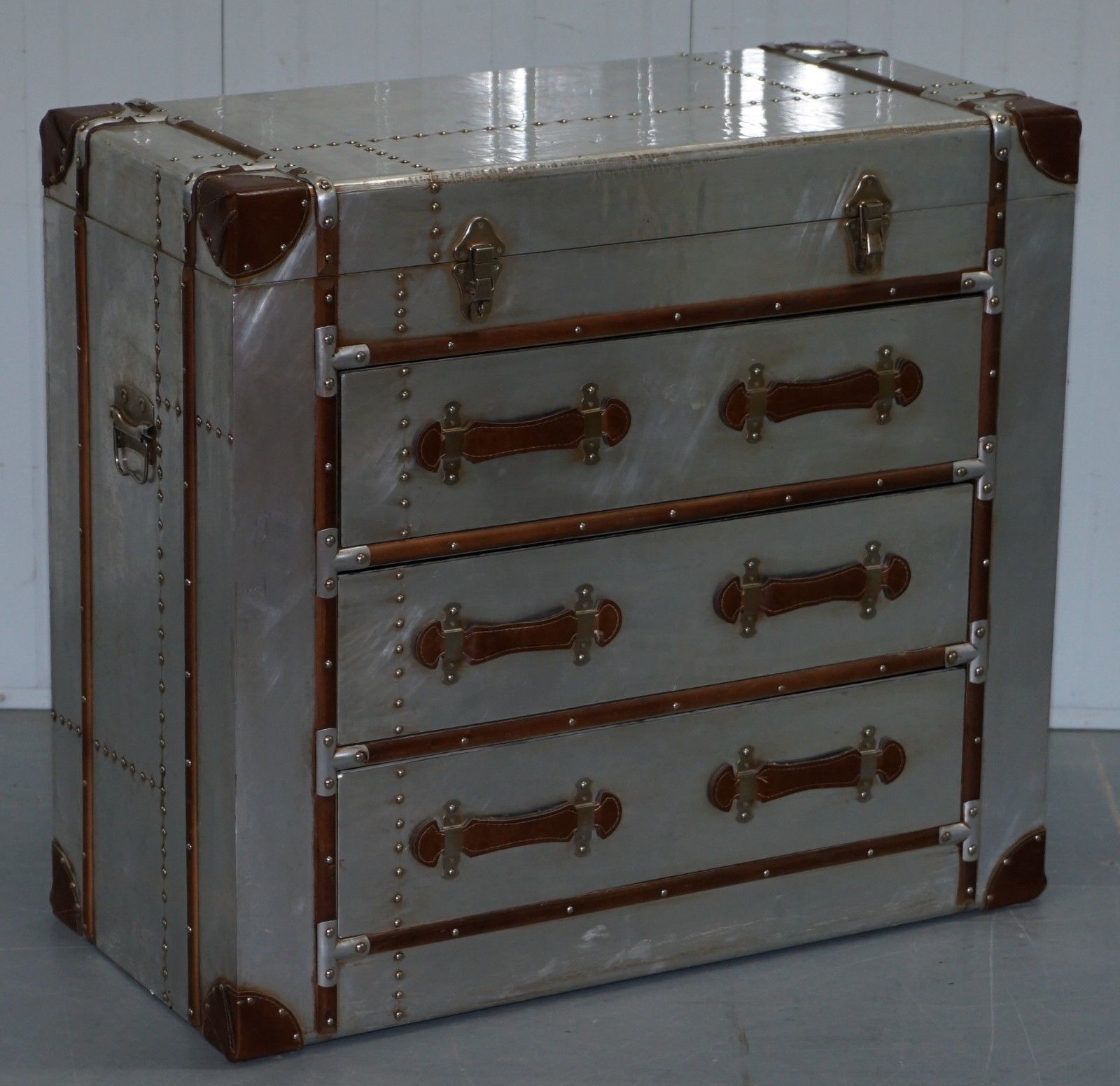 Brand New Aluminium Brown Leather Aviator Chest Of Drawers